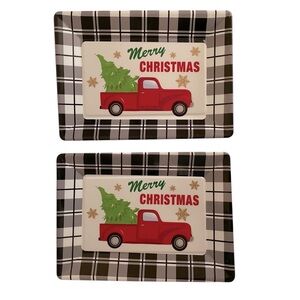 Christmas Melamine Trays Black White Plaid Border Red Truck Tree Set of Two